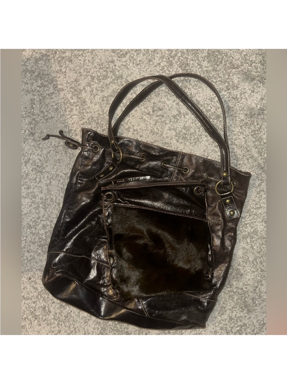Women's Dark Brown Leather Tote with Haircalf Front Pocket